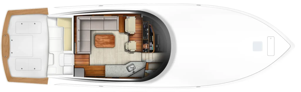Top-down layout of a motor yacht interior, showing helm, galley with sink, dining table, and lounge seating on the main deck.