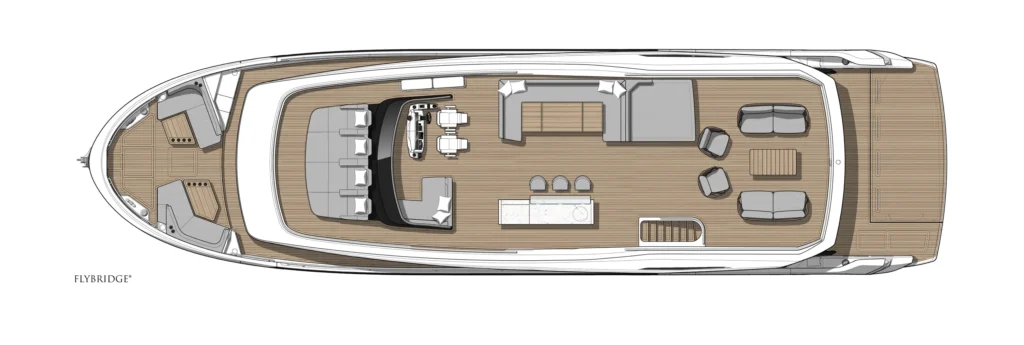 Top-down layout of a Flybridge yacht: helm area, dining table, galley island, and multiple lounge seating zones across the deck.