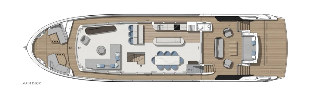 Top-down plan of a luxury yacht's main deck showing forward lounge, central dining area, galley, and aft outdoor space.