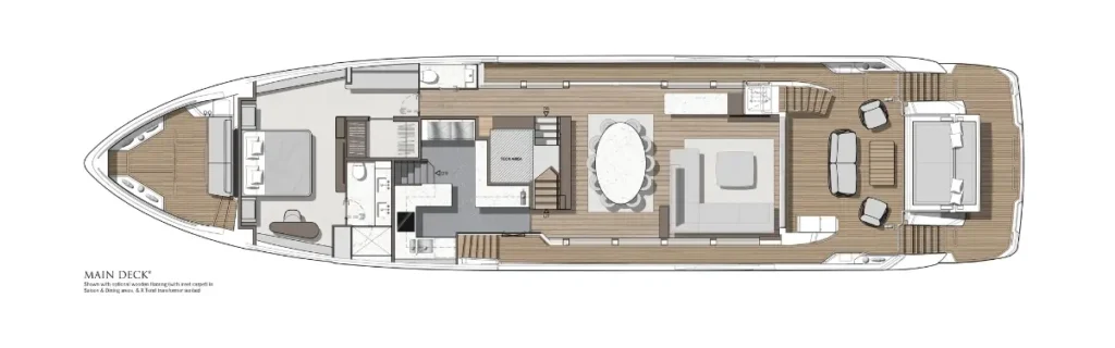 Top-down layout of a luxury yacht's main deck: forward staterooms, central dining/seating area, and aft outdoor lounge with seating and a large bed.