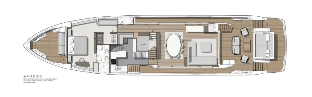 Top-down floor plan of a luxury yacht's main deck: forward cabin with an ensuite, a central dining area and lounge, a galley and service areas, a stairwell, and an aft outdoor lounge with seating.