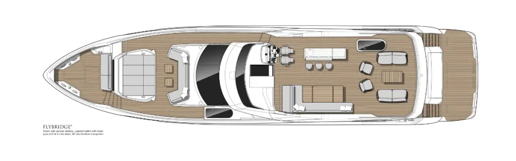 Top-down layout of a luxury flybridge yacht: forward deck seating, central helm, lounge and dining area, and aft sun deck on teak.