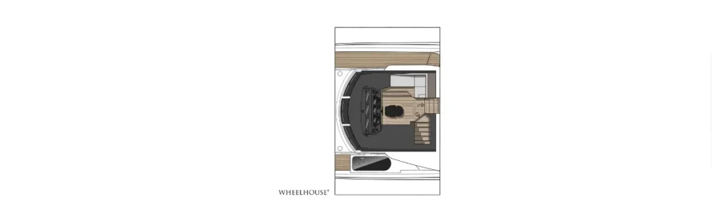 Top-down floor plan of a boat cabin and wheelhouse with wooden deck panels and seating area.