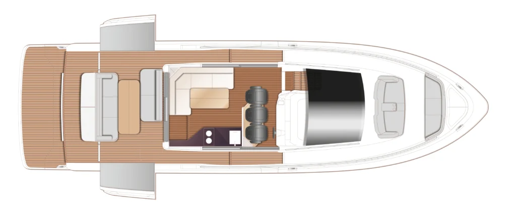Top-down layout of a luxury yacht showing deck areas, seating, galley, helm, and cabins