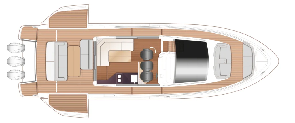 Top-down layout of a luxury motor yacht showing the galley, dining area, lounge seating, helm station, and aft deck with seating, plus twin stern engines.