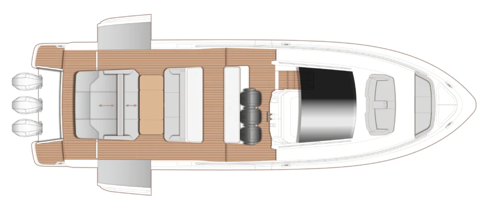 Top-down schematic of a motorboat showing seating areas, deck planks, cockpit, helm, and twin stern motors.