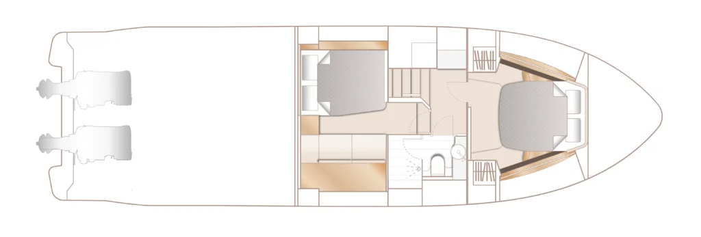 Top-down floor plan of a luxury motor yacht showing engines at the stern, a midship living area with seating, a galley and bathroom, and forward sleeping cabins.