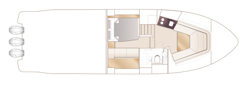 Top-down floor plan of a boat interior showing aft engines, a central living area, galley, bathroom, and forward sleeping berth.