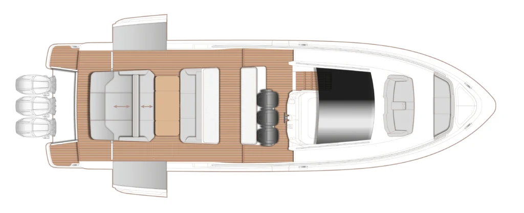 Top-down layout of a luxury motor yacht showing deck with seating, helm, cabins, and stern swim platform.