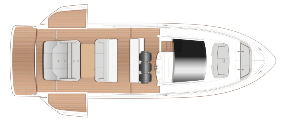 Top-down layout of a motor yacht showing aft deck seating, midship lounge, helm area, and forward cockpit on teak decking in a simplified schematic view.