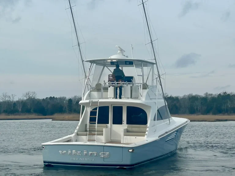 White motor yacht with a person standing on the upper deck, 'Viking' name visible on the stern against a calm water background.