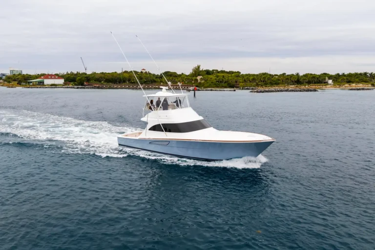White motorboat cruising on calm blue water near a rocky, tree-lined shoreline with buildings in the distance.