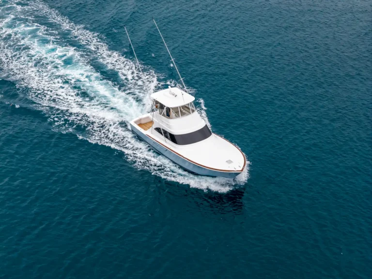 Aerial view of a white motorboat cruising through deep blue ocean with a white foamy wake on the left side behind it.