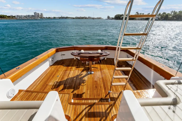 Teak-decked boat cockpit with a metal ladder on the right, calm blue water, and a distant shore lined with buildings and palm trees.
