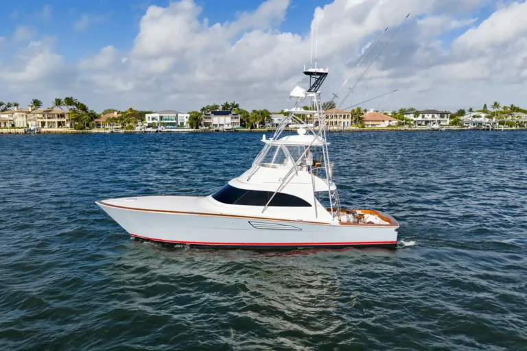 White sport boat on blue water with a coastal neighborhood and palm trees in the background as day turns sunny.