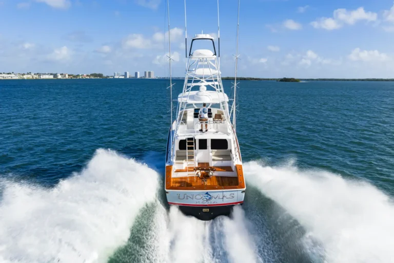 White luxury motorboat photographed from behind as it speeds through blue water, creating a large frothy wake and calm shoreline in the distance.