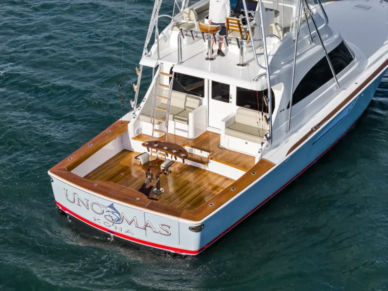Aerial view of a white luxury motor yacht with a teak aft deck on blue-green water.