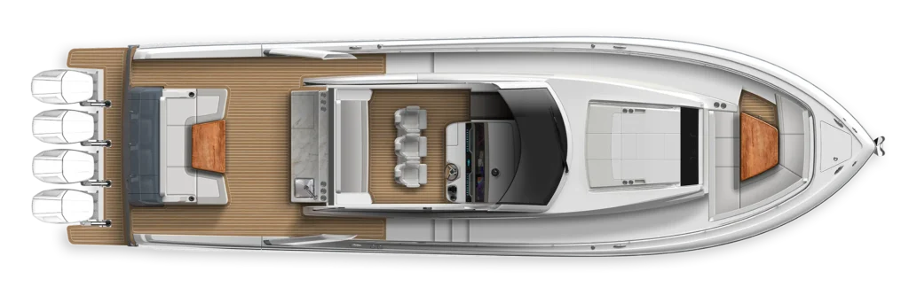 Top-down view of a luxury motor yacht showing the aft deck, seating areas, helm, galley, and forward sun deck across multiple levels.