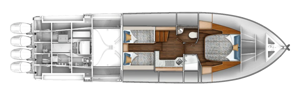 Top-down floor plan of a luxury motor yacht showing the engine room at the stern, crew/engine spaces, then living areas with two twin cabins, a bathroom, galley, and a forward full-beam master suite with a large bed.