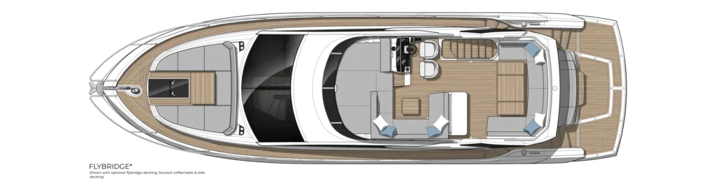 Top-down layout of a Flybridge yacht deck, showing forward seating, helm area, and aft seating on wood decking.