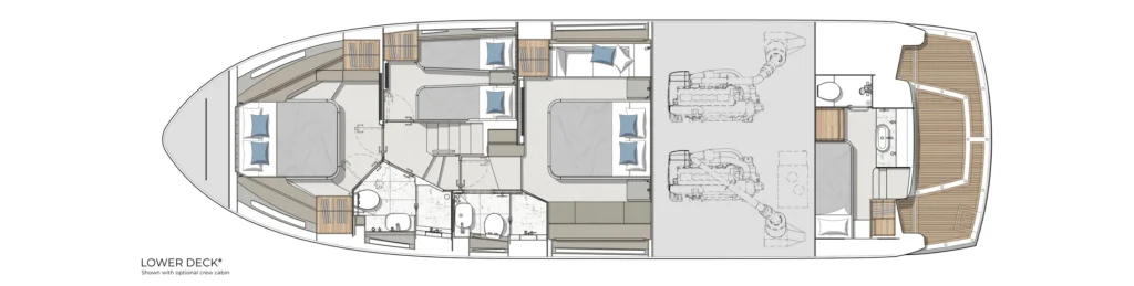 Top-down floor plan of a yacht's lower deck, showing sleeping cabins, heads, a lounge area, stairs, and an engine room toward the stern.