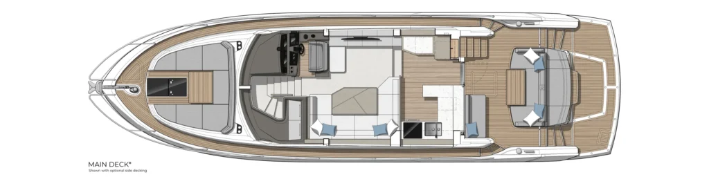 Top-down layout of a luxury motor yacht's main deck, showing helm, lounge, galley, dining area, and aft outdoor seating on a wooden deck.
