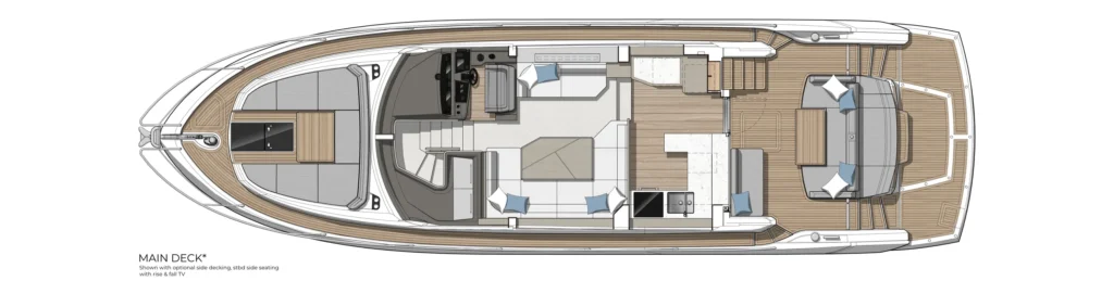 Top-down floor plan of a luxury motor yacht main deck: forward lounge, helm station, central living area, galley, and aft outdoor dining on teak deck.