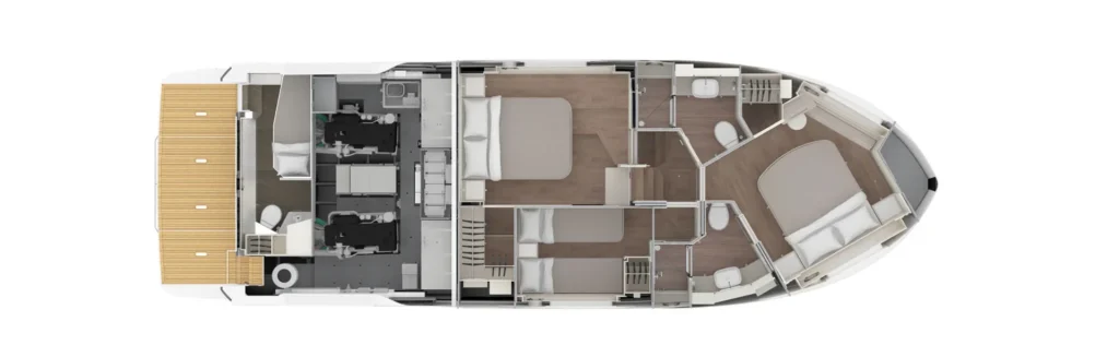 Top-down floor plan of a luxury yacht: aft teak deck, engine room area, crew quarters, and multiple cabins including a master suite and twin rooms, plus bathrooms.