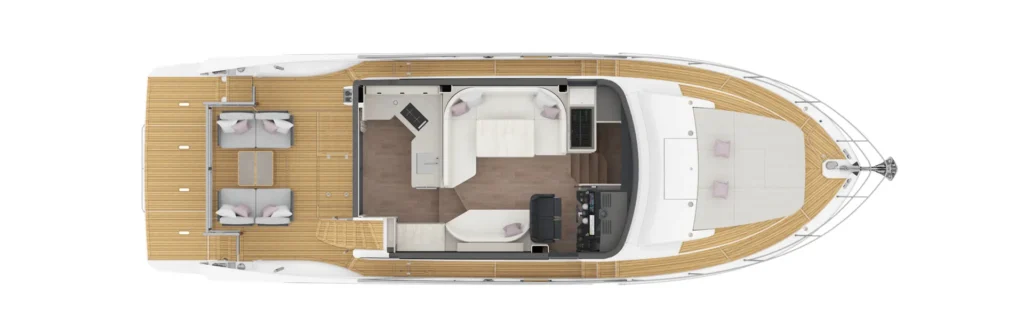 Top-down layout of a luxury yacht: outdoor aft deck seating, indoor salon, galley, helm station, and forward cabin. [Informative image: interior+deck plan]
