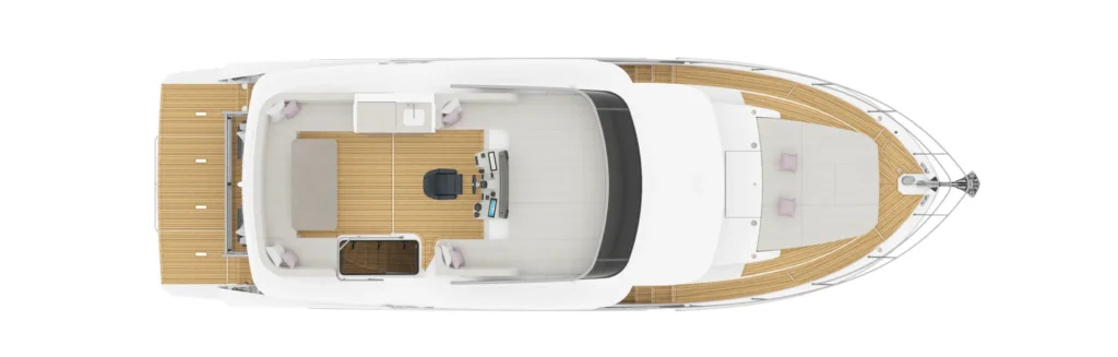 Top-down view of a luxury yacht interior: helm station, social seating, dining table, and teak-decked areas on the main deck.