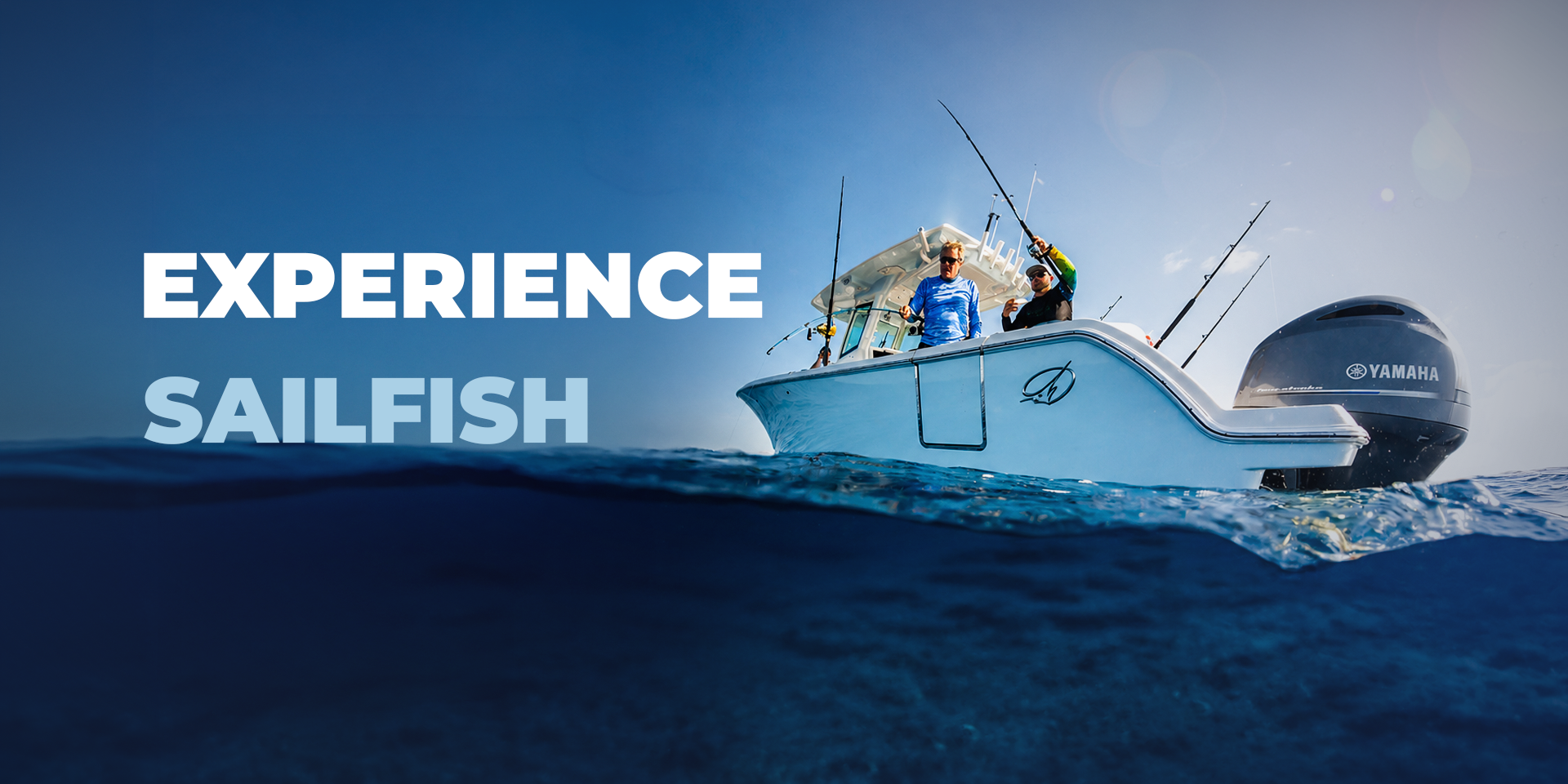 Two people on a white fishing boat at sea, with bold white text reading 'EXPERIENCE' across the image and 'SAILFISH' below, advertising a boat experience.