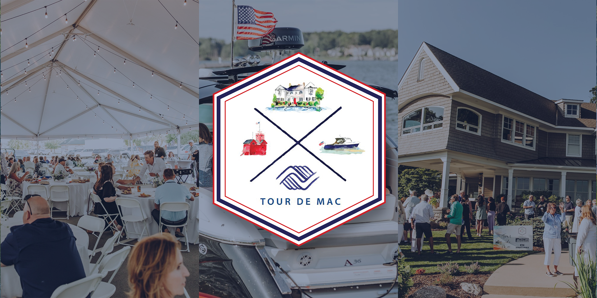 Outdoor fundraising event scene with guests dining under a white tent, centered by a decorative Tour De Mac crest overlaying boats and houses in the background.