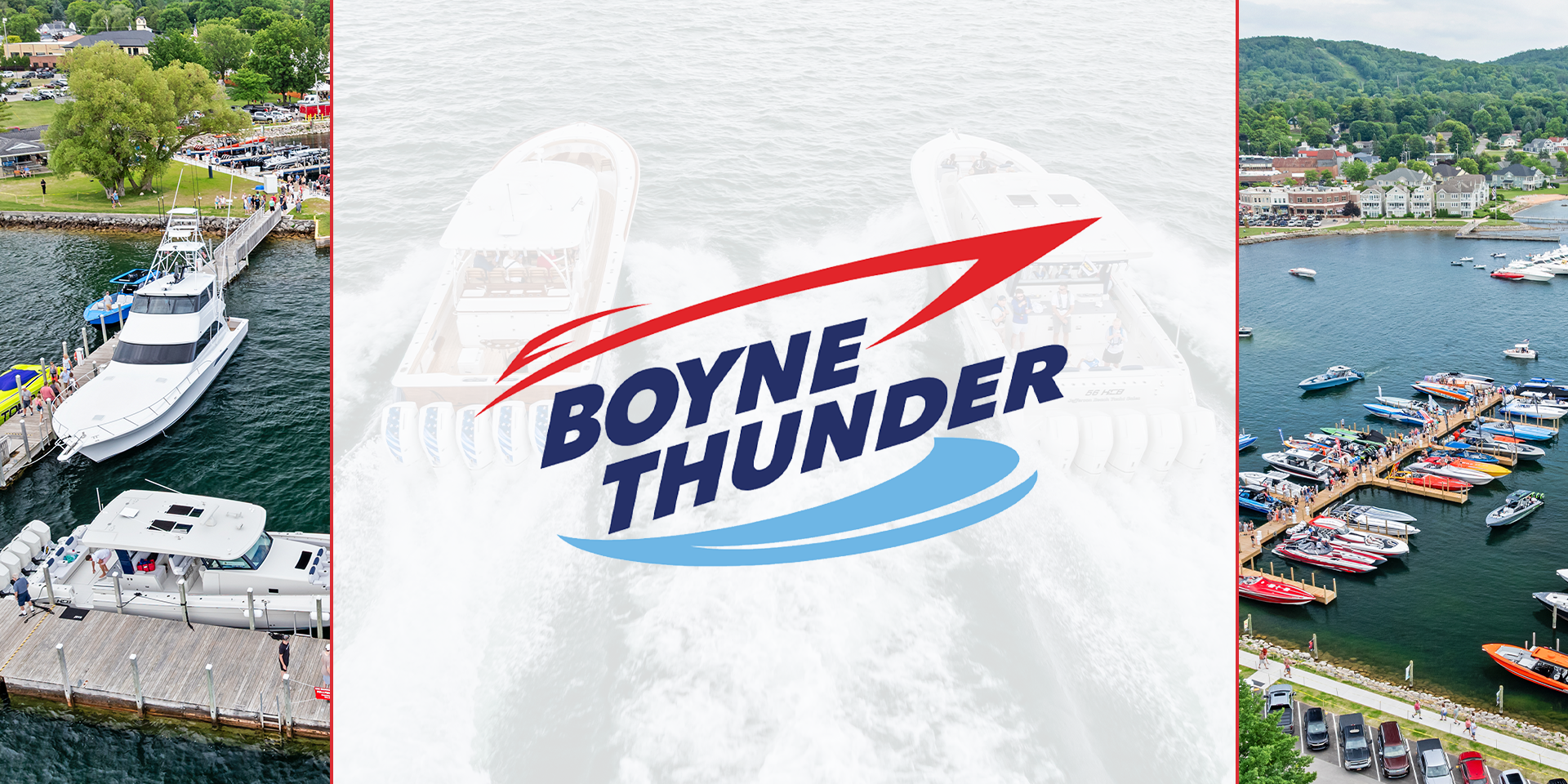Aerial view of a bustling marina with boats and people, overlaid by the promotional Boyne Thunder logo center-stage.